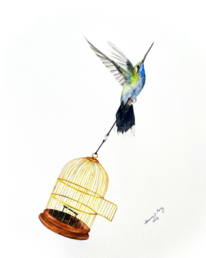 Original watercolor painting of a hummingbird flying upward. A cage with an open door is tied to the bird's foot.